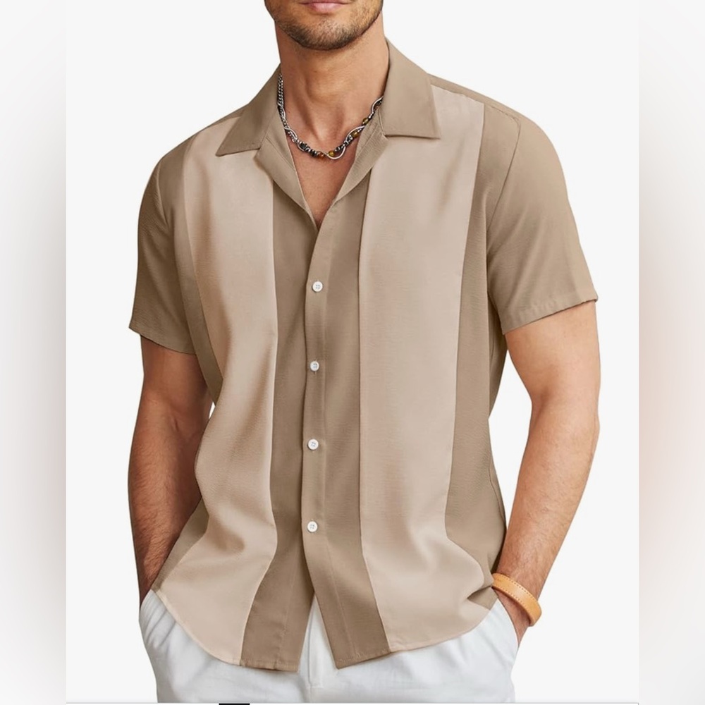 **Coofandy Striped Vintage Cuba Khaki Bowling shirt.